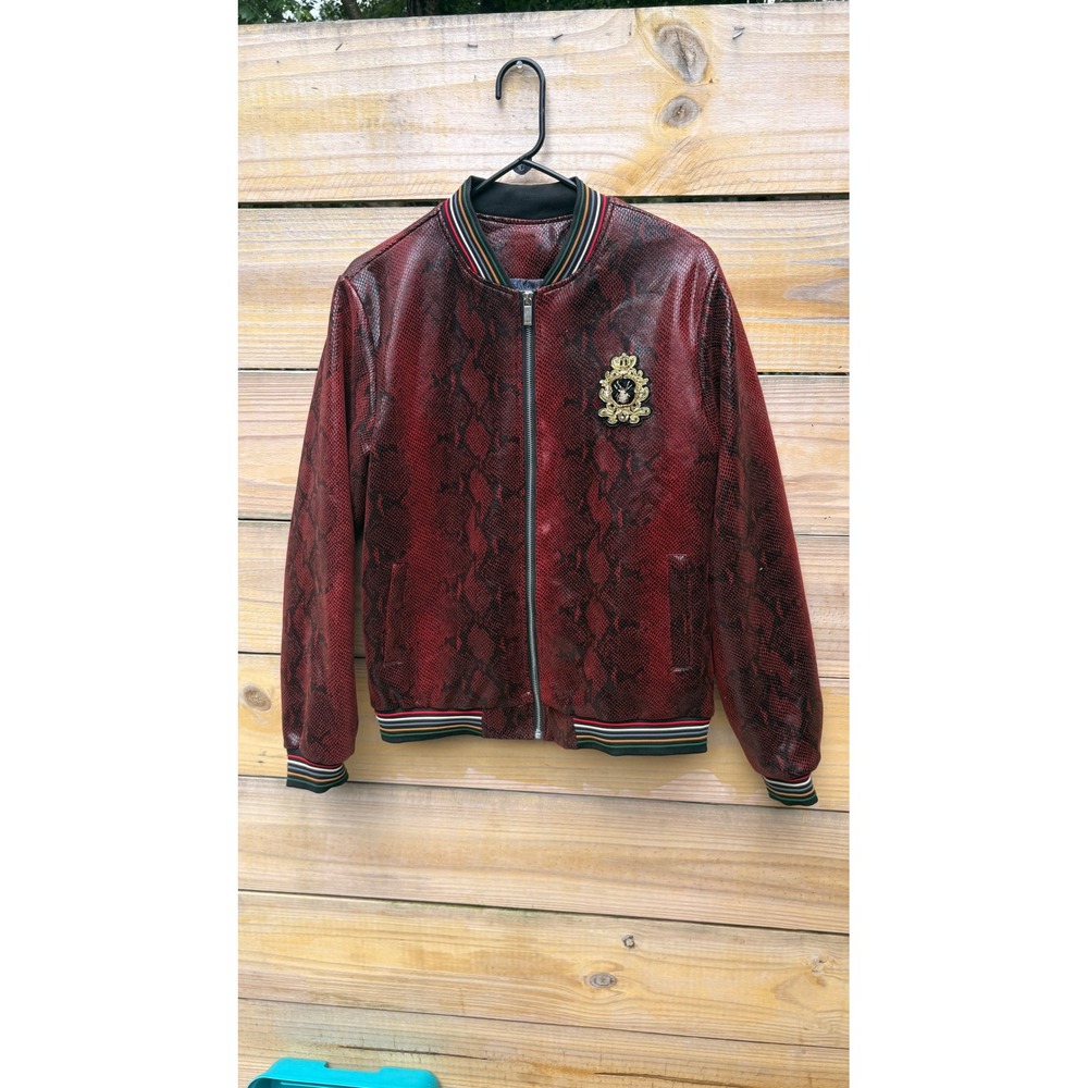 Red Snakeskin Print Bomber Jacket Beaded Logo Bee Crest Mens M